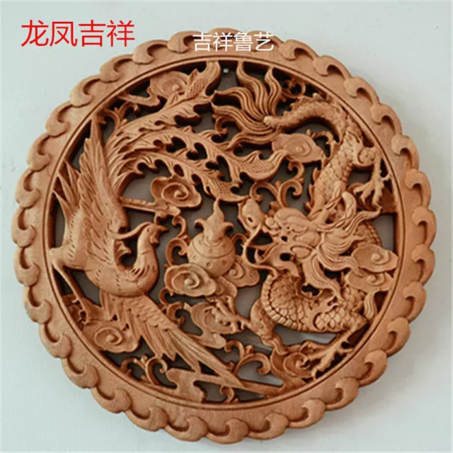 CHINESE HAND CARVED 龙凤呈祥 STATUE CAMPHOR WOOD ROUND PLATE WALL wall SCULPTURE