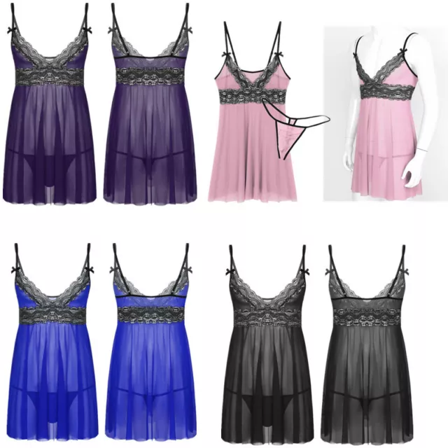 Men's Sissy Lace Mesh Lingerie Bralette Bra Set Chemise Babydoll Dress  Sleepwear