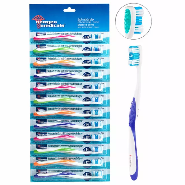 12er-Pack Marken-Zahnbürsten mit Zungenreiniger, MEDIUM, 4 Farben