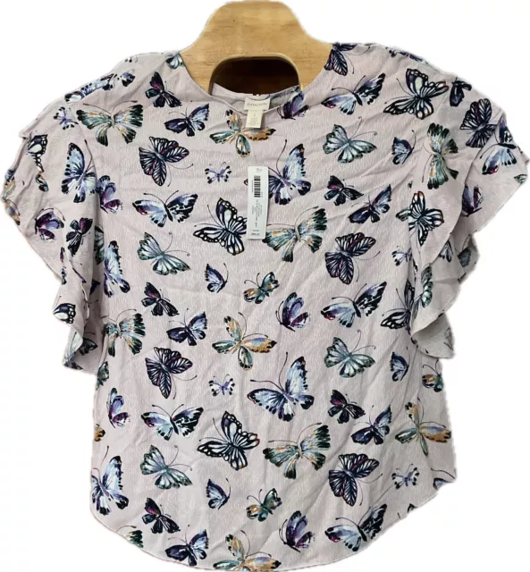 Chico’s Butterfly Rayon Blouse Flutter Sleeve Size M (Chico's 1) Multicolored