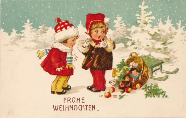 Glückwunsch-Karte Frohe Weihnachten 2 Kinder mit Obstkorb und Schlitten  (Z22)