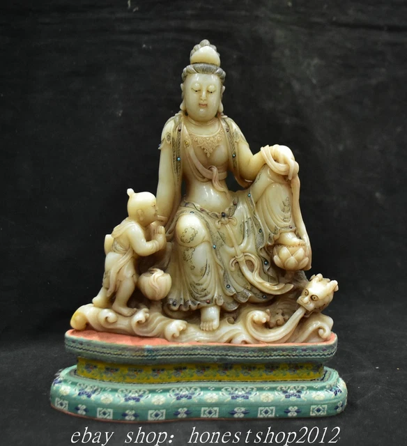 9.2" Chinesische natürliche Shoushan Stein Kwan-yin Guan yin Tongzi Statue