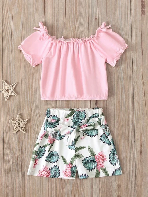 Completo tuta Bimba bambina Maglia maniche corte Pantaloni Corti top rosa B013