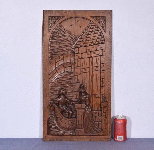 *Large French Antique Deeply Carved Panel Solid Oak with Man and Woman