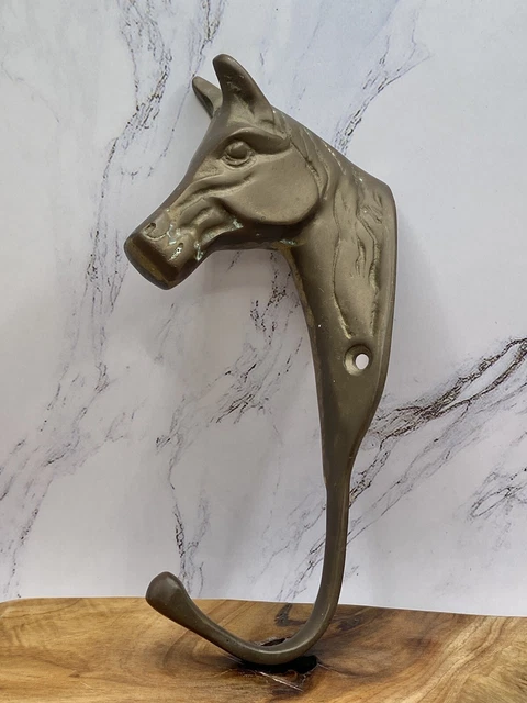 Vintage Solid Brass Horse Head Wall Mount Clothing Coat Hook Tarnished Patina