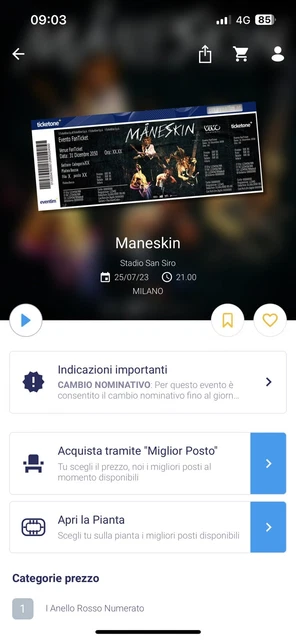 1 Biglietti concerto Maneskin Stadio san siro Milano,  II Anello blu 209, 25/07