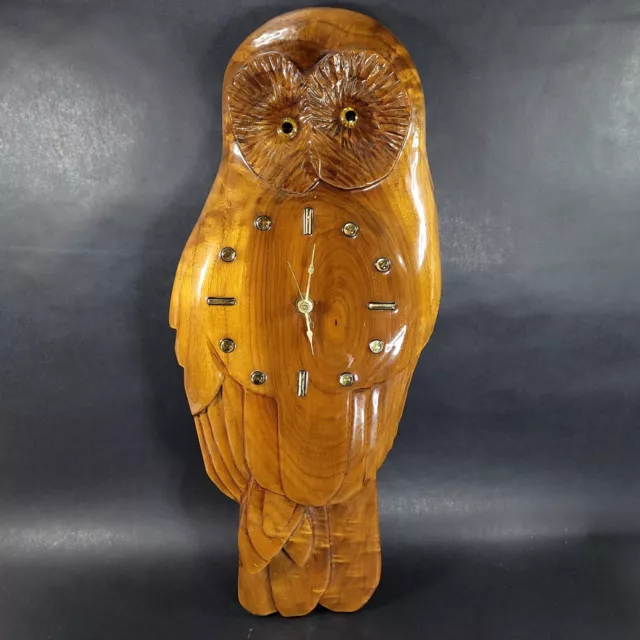 Vintage Hand Carved Wood Owl Wall Clock Mid Century Large Glass Eyes