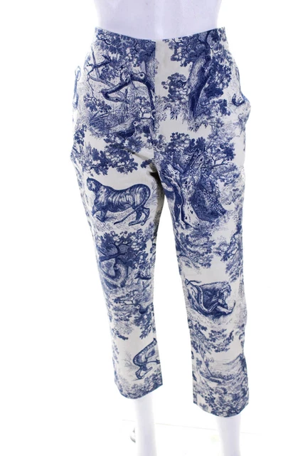 Christian Dior Womens High Rise Cropped Toile De Jouy Pants White Blue Size 6