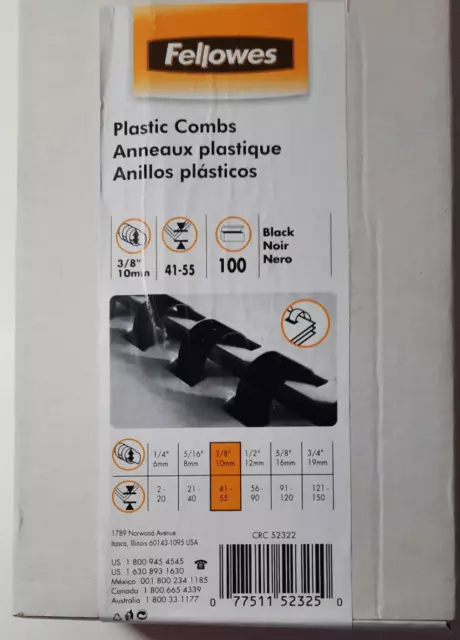 Fellowes Plastic Combs 3/8" 100 Count Black 41 - 55 Pages 406916 Unopened