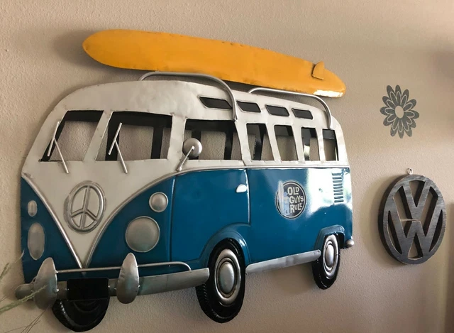 VW Bus Metal Wall Art 29" x 23" Blue / White / Yellow + VW Logo (wood carving)