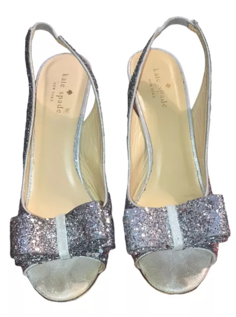 Kate Spade New York Womens Bow Charm Silver Glitter Slingback Heel Pump Size 8.5 3