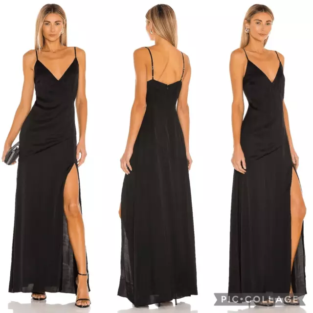 Lovers + Friends $228 Westlake Maxi Wrap Dress with Slit in Black Satin Size XXS