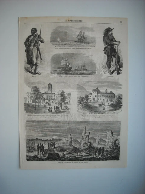 Gravure 1859.  Quartier Imperial A Cavriana. Bersaglier. Turcos. Camp Du 2Eme Gr