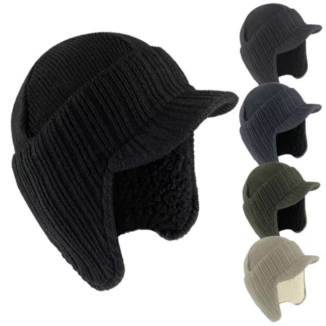 Mens Peaked Knit Winter Warm Fleece Lined Cap Hat Beanie Ear Flaps Work Outdoor