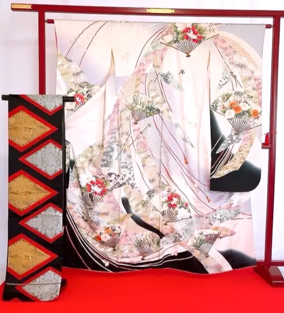 Japanese Kimono "Furisode" "Fukuro obi" 2 piece set/Traditional patterns flower