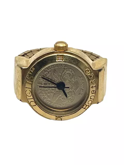 Vtg Digits Bonetto Gold Tone Ring Watch USA 20 Dollar Coin Face Stretch Band