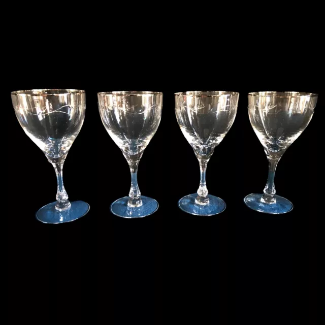 Fostoria Love Song Etched Crystal Wine Glasses Platinum Rim Set of 4 Stemware