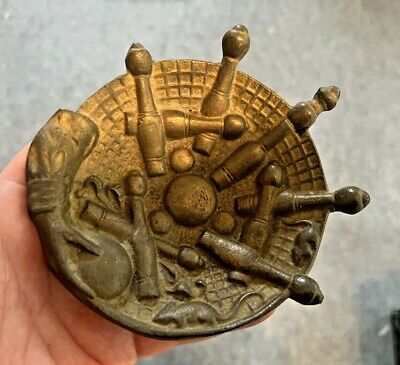 Antique Cast Iron Bowling Themed Ashtray Trinket or Coin Dish, 4.5"