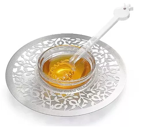 Rosh HaShanah Honey Dish with Spoon - Jewish New Year Holiday - Judaica Art Gift