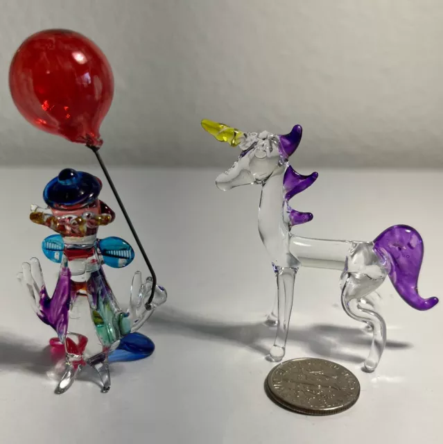 Hand Blown Glass Miniature Purple Unicorn Clown Red Balloon Circus Micro 3