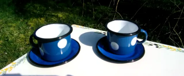 Lot De 2 Tasses Expresso Emaillees Bleues A Pois Email Veritable Fabr. En France