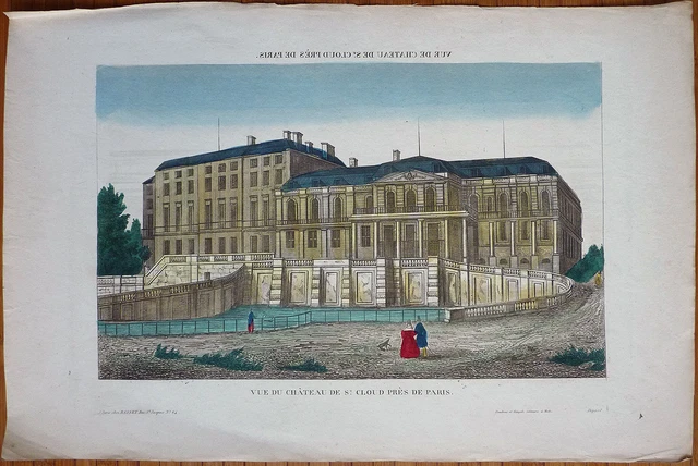 Vue d'optique Gravure + aquarelle du 19e siècle Chateau de Saint CLOUD