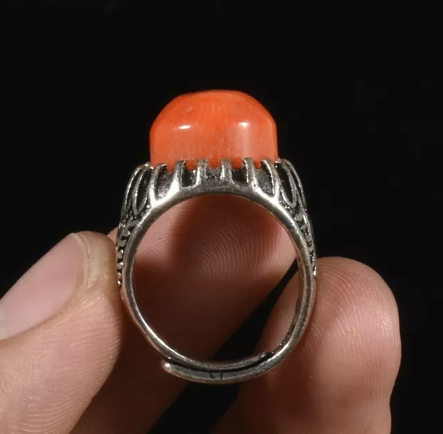 Antique Tibetan Old Silver Inlay Red Coral Amulet Jewels Finger Ring Statue