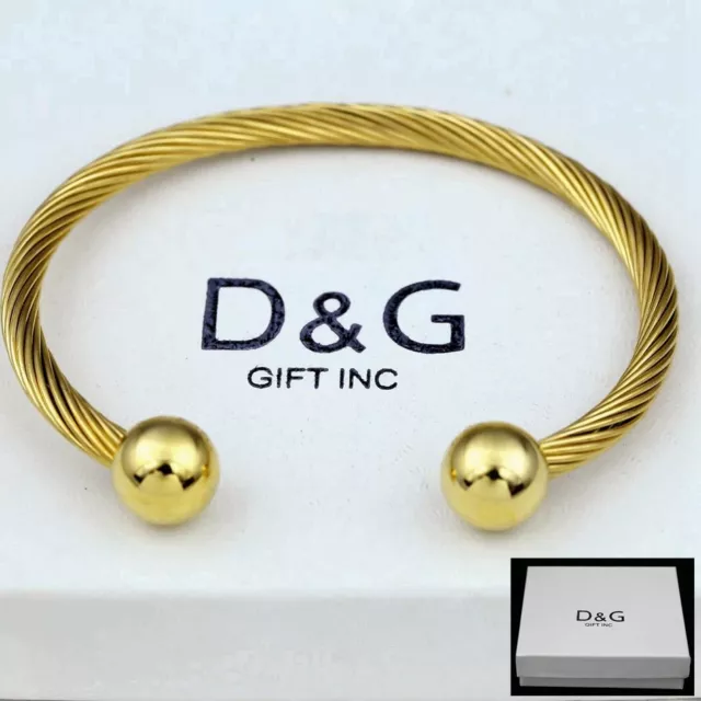 DG Men's Stainless-Steel 7" Round Cuff Cable Bracelet.Gold plated*Box