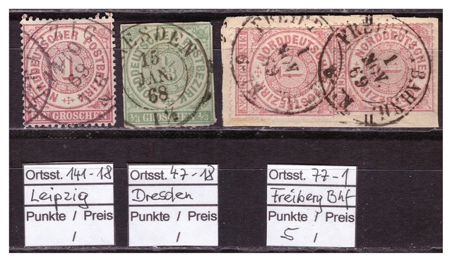 AD, Sachsen, Sammlung von 3 nachverwendeten Orts- Stempeln auf NDP Marken