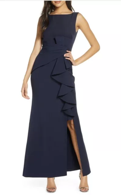 New Navy Eliza J Ruffle Front Gown Size 12 Cocktail Dress Navy Blue