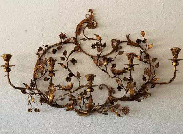 Late 19th Century French Gilt 5 Arm Wrought Iron Wall Sconce Candelabra 39 x 24"