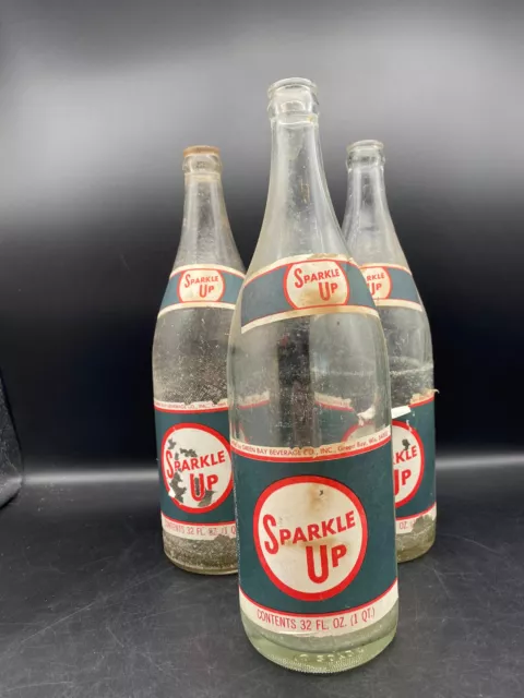 Vintage GREEN BAY BEVERAGE Wisconsin 32oz Soda Pop GLASS QUART BOTTLE Sparkle Up