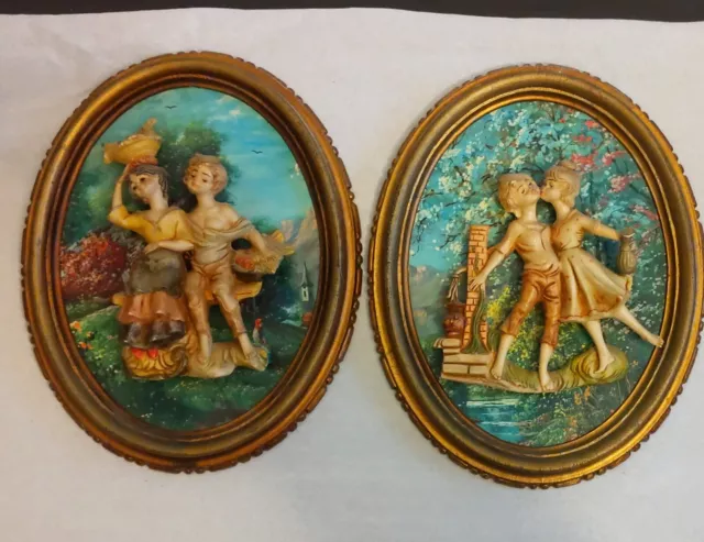 TWO Vintage 3D Figural Empire Wall Art Plaques Framed ~ Italy ~ Young Love