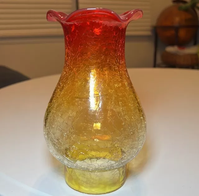 Vintage Blenko Style Amberina Crackle Glass Oil Lamp Chimney Candle Hurricane