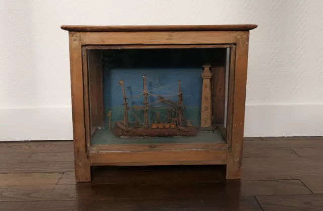 ANCIEN ANTIQUE DIORAMA EX VOTO MARINE MAQUETTE BATEAU PHARE ART POPULAIRE XIXe