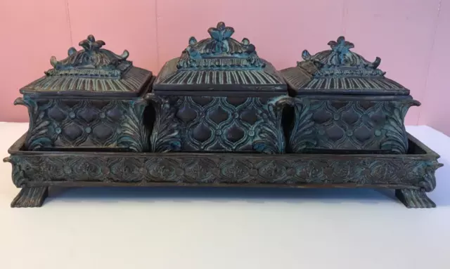 Vintage Chinese Cast Boxes and Tray with High Relief Floral Patterns