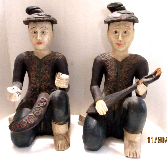 Antique Asian Chinese Japanese Folk Art Wooden Hand Carved Figures Men Minstrels