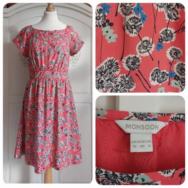 Monsoon Pretty Ladies Coral Dandelion Clock Floral Summer Dress Dress UK Size 10