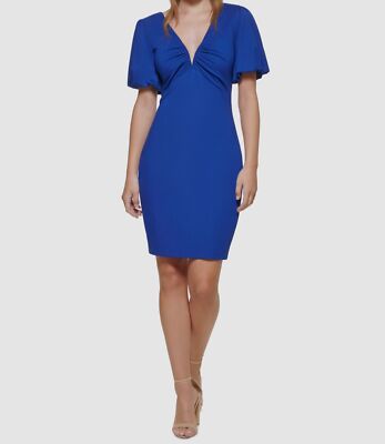 $110 Guess Womens Blue Ponte-Knit V-Neck Short Sleeve Sheath Dress Size 6