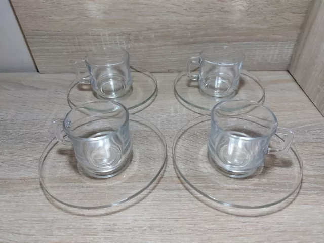 8 PC DURALEX France Clear Glass Coffee Mugs Tea Cups Saucers Set