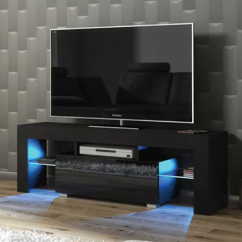 Modern 130cm TV Unit Cabinet Stand Black High Doors Gloss With Free LED