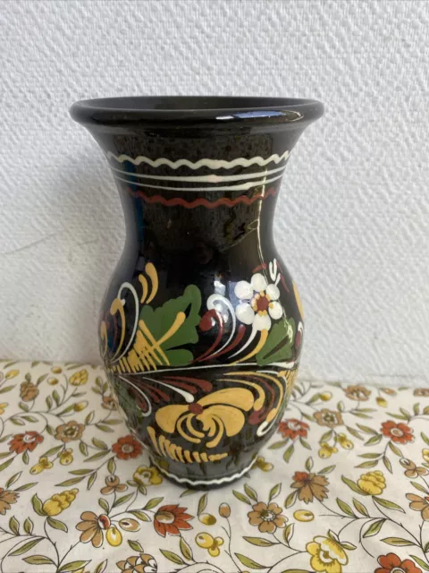 Ancien Vase Céramique Poterie Decor Fleur Deco Signé