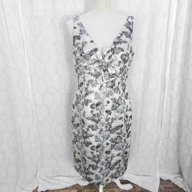 Carmen Marc Valvo Collection Cocktail Dress 10 Silver Blue Floral Jacquard 2