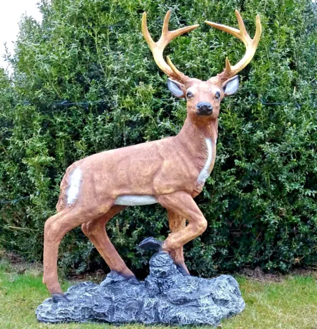 XXL HIRSCH AUF FELSEN 115cm Premium Garten Deko Figur Dekoration WILD DEKO