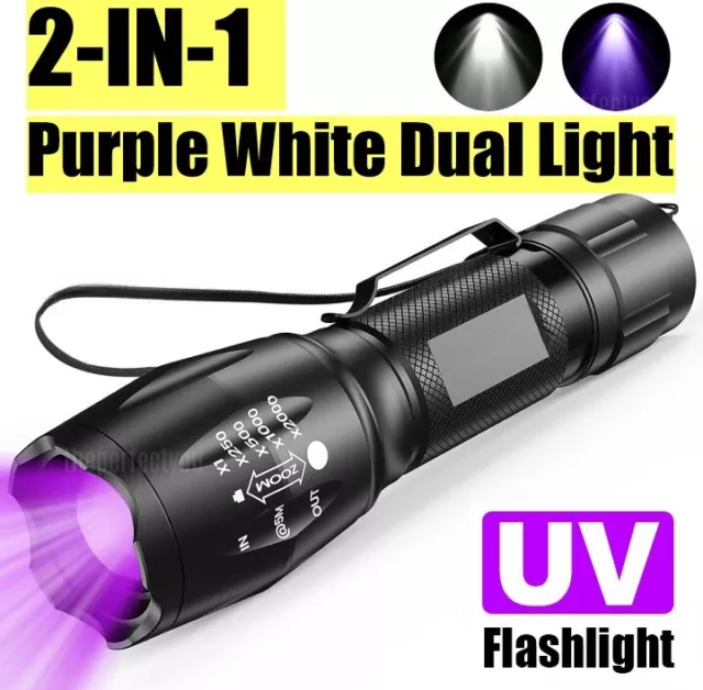 UV Flashlight LED Torch Zoomable Ultra Violet Black White Dual Light Detector