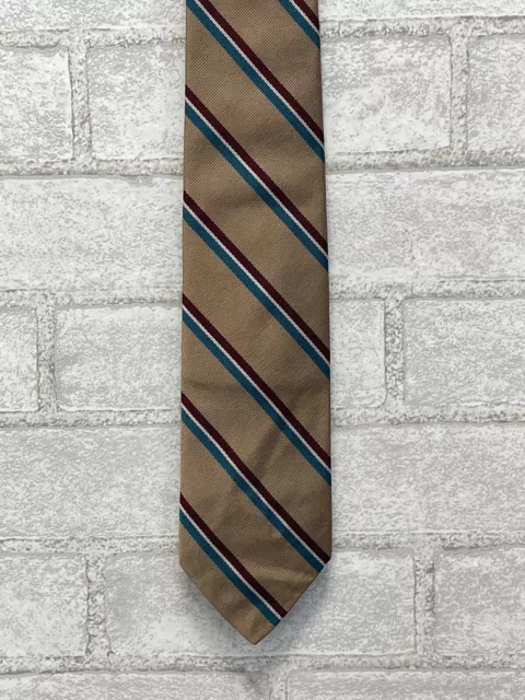 Neiman-Marcus Men's Tie 57"L Beige Maroon White Blue Striped 100% Silk Necktie