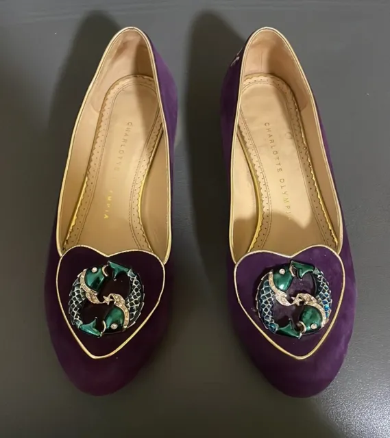 CHARLOTTE OLYMPIA Purple Suede Pisces Zodiac Swarovski Enamel Loafer $695 EUC 7