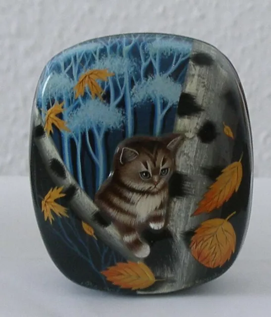 Russische Lackkunst! Lackmalerei. Relief-Dose! Gemalte Schatulle! KATZE IM WALD