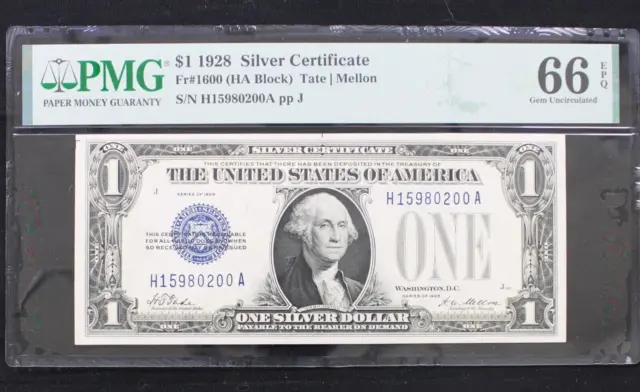 1928 $1 Silver Certificate FUNNY BACK - Fr. #1600 Gem - HA Block - PMG 66 EPQ