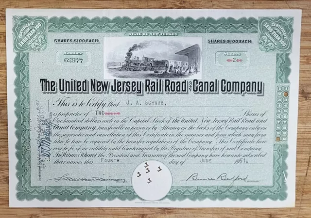 Stock Certificate United New Jersey Railroad and Canal Company  Green